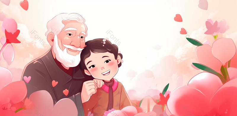 白发爷爷粉色温馨花卉背景插画,插画/手绘图,插画/手绘图库,插画/手绘图下载,插画/手绘